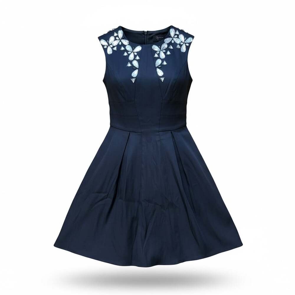 Aqua Navy Blue Jeweled Neck Fit and Flare Sleeveless Dress